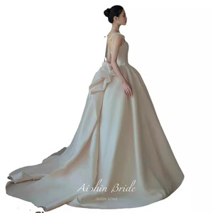 Aishin Bride Satin Ball Gown Wedding Dress Natural Waist Strapless Long Train Queen Style - Product Image 5