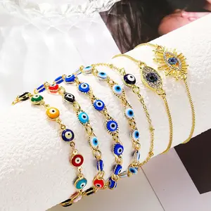 Bracelets à breloques avec yeux maléfiques, bijoux en plaqué or 18K, Bracelets réglables turcs colorés avec yeux maléfiques, vente en gros