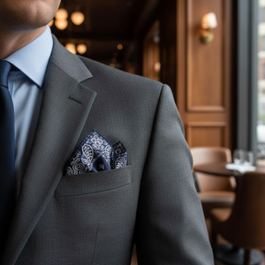 <b>Navy</b> Blue Patterned Weave Men's Special Cut Collar Pocket Square One Size - Product Image 3