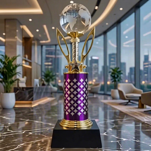 Trophée en métal en forme de boule de cristal Modèle 592/A B C, récompense sportive avec boule en verre et design étoile, finition polie durable avec base noire - Product Image 1