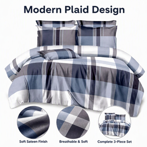 Ensemble de literie moderne à carreaux bleu-gris en stock en Pologne, housse de couette à carreaux pour la livraison directe en UE, 3 pièces de linge de lit - Product Image 3