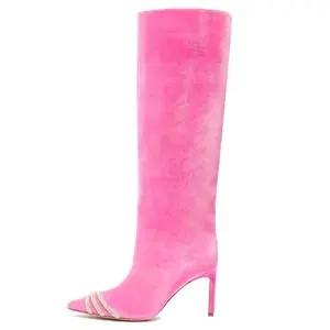 ENMAYER粉色天鹅绒尖头水钻高跟鞋粉色靴子女