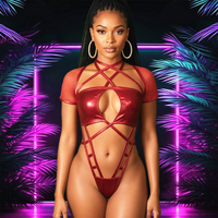 Kostum Monokini Seksi Satu Potong Model Tali Mengkilap Berlubang untuk Karnaval Jouvert Monday, Label Pribadi Kustom, Grosir
