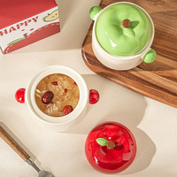 Lelyi Ins Marmite en céramique à double couvercle, faite main, au design mignon et créatif, de style frais et de grande valeur, pour ragoût aux pommes et bol à œufs à la vapeur