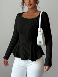 Top a Maniche Lunghe da Donna Autunno 2026, Colore Unito, Collo Quadrato, Casual, Alta Qualità, Tessuto Elasticizzato Lavorato a Maglia, Moda - Product Image 3
