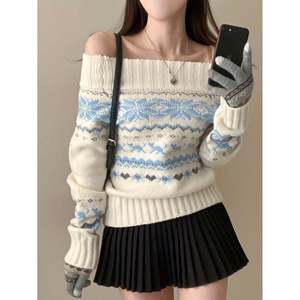 Suéter de Manga Larga con Hombros Descubiertos, Azul, Tejido Jacquard Asiático, Top de Invierno para Mujer - Product Image 1