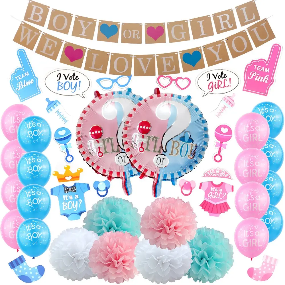 Gender Reveal Party Supplies Kit Baby Shower Decoration With Blue Pink Balloons Photo Booth Props Boy Or Girl Banner