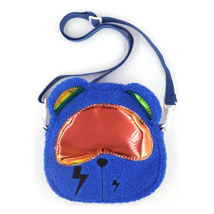 Özel tasarım Kawaii mavi serin ayı sıcak satış kabarık peluş omuzdan askili çanta özel Logo fermuar peluş Crossbody çanta