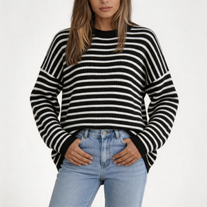 Suéter de punto grueso con rayas horizontales en blanco y negro, estilo oversize con hombros caídos, para mujer, OEM - Product Image 1