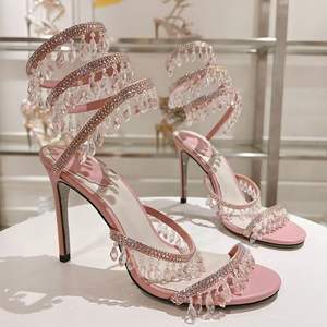 New sexy crystal pendant women's high-<b>heeled</b> satin sandals with snake-shaped intertwined diamond fringes decoration - Product Image 2