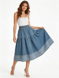 Jupe midi en jean <span class=keywords><strong>grande</strong></span> <span class=keywords><strong>taille</strong></span> pour <span class=keywords><strong>femme</strong></span>, <span class=keywords><strong>taille</strong></span> haute élastique, à panneaux superposés, coupe trapèze, ourlet en jean épissé, bleue, décontractée - Product Image 3