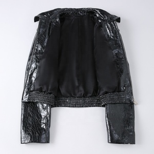 Dernier modèle de veste en cuir véritable pour femme, coupe courte, en cuir verni <span class=keywords><strong>noir</strong></span>, taille cintrée - Product Image 5