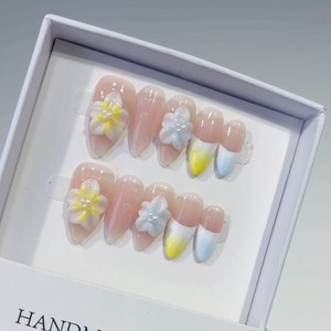 Fleurs en relief 3D rose <span class=keywords><strong>pastel</strong></span> et lilas violettes peintes à la main avec des pois, ongles faits main de style français - Product Image 6