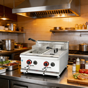Friteuse à gaz professionnelle à double cuve en acier inoxydable pour comptoir, certifiée CE, pour restaurants de frites et poulet frit, avec système d'égouttement d'huile - Product Image 1