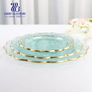 Juego de bandejas y platos de cristal con borde dorado para el hogar, platos de cena de cristal, cargadores, platos de boda, elegante