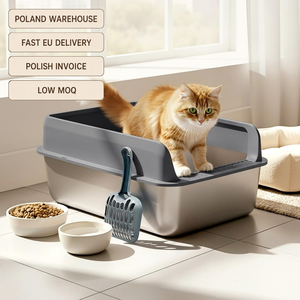 Bac à litière pour chat gris foncé 59 cm en acier inoxydable, avec rebord haut et support pour pelle, livraison rapide UE depuis la Pologne - Product Image 1