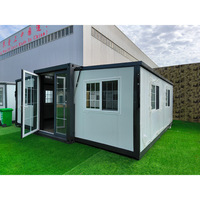 Casa Contenedor Moderna Expandible de Doble Ala, Panel Sándwich Gris Claro, Casa Modular Prefabricada con Puerta Francesa para Oficina o Vivienda
