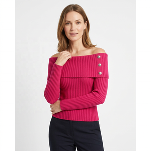 Hot Pink Ribbed Solid Short <b>Women</b> <b>Cardigan</b> off Shoulder Long Sleeve Knit <b>Button</b> Front Slim Fit Top Sheer Layer All Seasons - Product Image 3