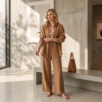 Ensemble décontracté 2 pièces en coton pour femme : pantalon ample taille haute et chemise à manches longues – Collection été