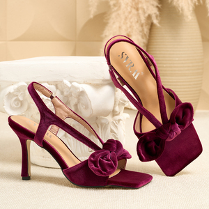 Sandalias Elegantes de Tacón Alto con Punta Cuadrada y Tira en el Talón, de Terciopelo Marrón para Mujer, con Lazo - Product Image 3