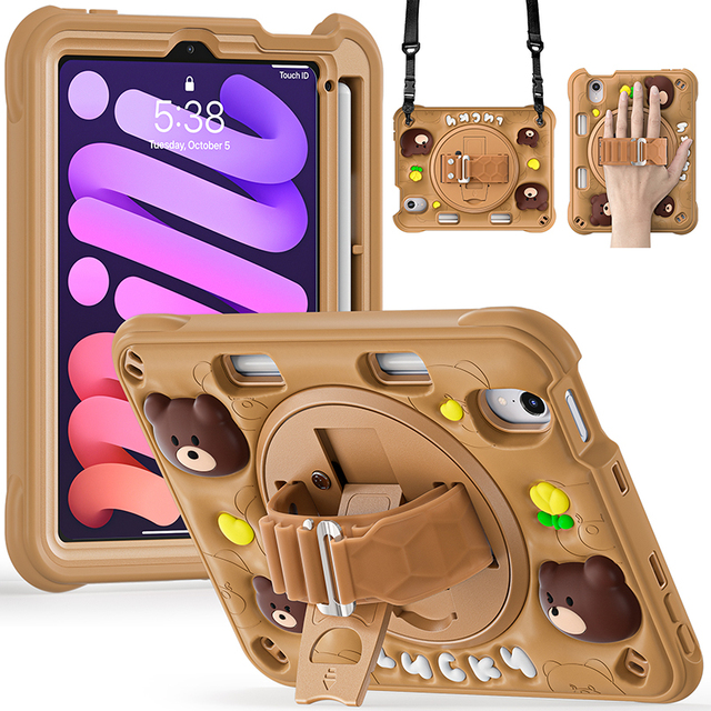 For iPad Mini 7 A17 Pro 2024 Boy Bear Thick Silicone Shockproof Rugged Rotating Kickstand Shoulder Strap Kids Tablet Case Cover