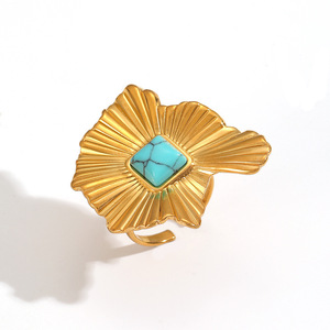 Bague en pierre naturelle à bordure en feuille de lotus, design géométrique ouvert, bijoux unisexes, cadeau - Product Image 5