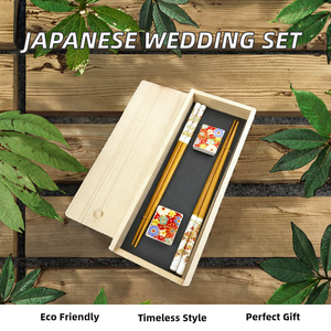 Coffret de baguettes à sushi en bois écologiques de style japonais - Cadeau d'affaires avec repose-baguettes en céramique - Product Image 2