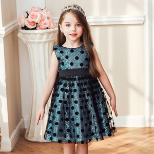 Vestido infantil con cuello redondo, corte en A, tul, lentejuelas, lunares, disfraz de niña de las flores, azul lago, rosa, azul cielo, champán, fucsia - Product Image 1