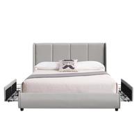 Lit moderne Queen Size capitonné en similicuir gris clair avec tiroir de rangement