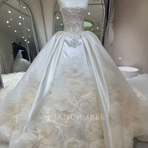 Dw0236 Stunning Strapless Beaded Corset Split Satin Front Feathery Ruffle <b>Tulle</b> Ball Gown Wedding Dress Jancember - Product Image 3