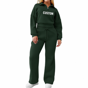 Conjunto Deportivo de 2 Piezas para Mujer, Color Verde Oscuro, Sudadera Corta con Cierre de Cremallera, Pantalones Anchos con Cordón Ajustable, Corte Holgado Informal - Product Image 1