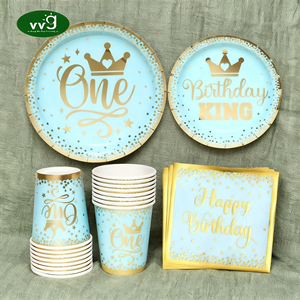 Ensemble de <span class=keywords><strong>vaisselle</strong></span> pour fête d'anniversaire sur le thème du bleu VVG, 1er anniversaire, assiettes en papier, gobelets, serviettes, pour garçons, fournitures pour fête d'anniversaire d'un an - Product Image 1