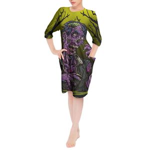 Strega e zucche personalizzate abiti di Halloween girocollo Tshirt abito manica lunga lunghezza al ginocchio per le donne tasca allentata Casual - Product Image 5