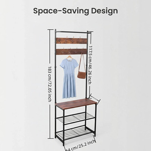 Multifunctional Metal Clothes Rack With Wooden Top And Wire Shelves For Entryway Storage Coat <b>Stand</b> - Product Image 4