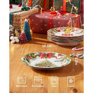 Assiette à dîner en céramique moderne et minimaliste de 25,4 cm avec motif de plantes de Noël, compatible micro-ondes, vaisselle de fête - Product Image 2