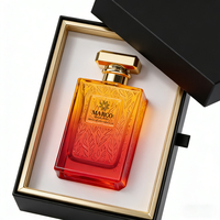 Flacon de parfum en verre plat de luxe MARCO 100ML, bouchon géométrique noir et or, vaporisateur à pompe, emballage en carton sérigraphié, logo personnalisé