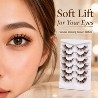Populaire Lot de 6 paires de faux cils en fibre synthétique, marron, à volume bouclé, effet vison, ailés et allongés, avec bande en plastique transparente naturelle