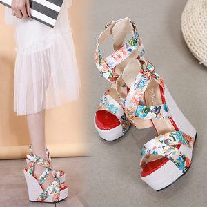 2024 European and American T-table Show Silk Print Slope Heel Comfortable <b>Sandals</b> Colorful Wedge Heel High-heeled Shoes - Product Image 6