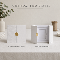 Boîte cadeau magnétique à double porte avec bord biseauté personnalisé, papier coton blanc gaufré