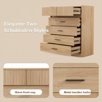 Commode compacte 5 tiroirs avec 6 tiroirs à façade ondulée, résistante aux rayures, grade E1, poignées métalliques, base.