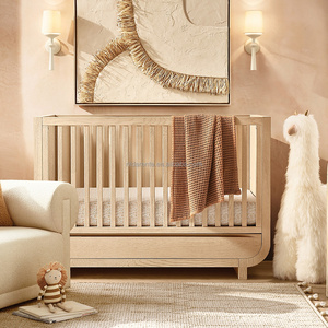 Baby Crib Nursery <strong>Cot</strong> Oak Kids Room Underbed Storage <strong>Drawer</strong> Vertical Slat Rail Rounded Side Panel Minimalist Oak Wood Furniture - Product Image 1