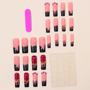 Faux ongles à presser longs forme cercueil, dégradé rouge rosé, avec motifs citrouille, toile d'araignée et strass, amovibles, pour manucure de fête d'Halloween - Product Image 2