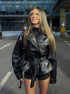 ZEVITY – veste noire à manches courtes et longues pour femmes, avec fermeture éclair, revers, ceinture, style <span class=keywords><strong>vintage</strong></span>, en PU, veste de <span class=keywords><strong>moto</strong></span>, manteau d'extérieur - Product Image 6