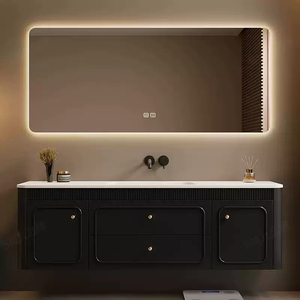 Modern <b>Bathroom</b> <b>Vanity</b> With Marble Top Ceramic Basin Led Mirror Drawers Floor Standing 60 In Dark Finish Contemporary Style - Product Image 2