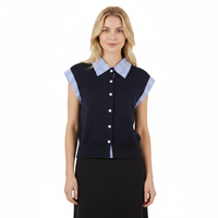 Top de punto personalizado para mujer con manga casquillo, cuello polo a rayas y botones decorativos, con Lurex, bajo MOQ