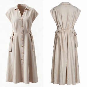 Ivory Linen Cotton Shirt <b>Dress</b> Belted Midi Casual Women <b>Dress</b> Sleeveless Collar Button Front Summer Wear - Product Image 1