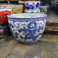 Grand bassin à poissons en porcelaine bleue chinoise à motif de lotus entrelacé, décoration artistique, vase en céramique pour jardin, décoration antique, décoration intérieure