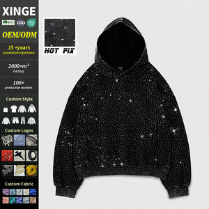Felpa con Cappuccio Oversize <span class=keywords><strong>Y2k</strong></span> Personalizzata Streetwear con Stampa Grafica in Strass Nero Vintage Lavato, Spalle Scese e Taglio Corto per Uomo - Product Image 1