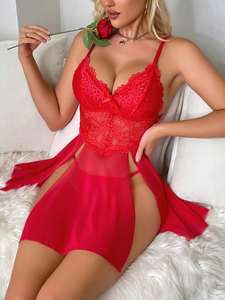 Nouveau produit Lingerie érotique femmes ensemble de sous-vêtements dentelle maille col en V sangle chemise de nuit beauté dos Perspective femmes Lingerie Sexy - Product Image 5