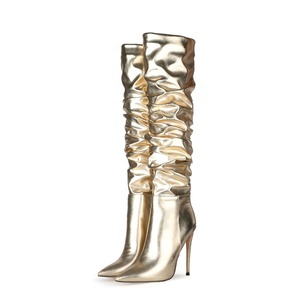 Oro Metallo di Disegno Superiore Delle Donne Sopra Il <span class=keywords><strong>Ginocchio</strong></span> di Alta Boot Coscia Alta Pile Up <span class=keywords><strong>Stivali</strong></span> per Le Donne Dello Stiletto Alti Talloni lunghi stivaletti - Product Image 2